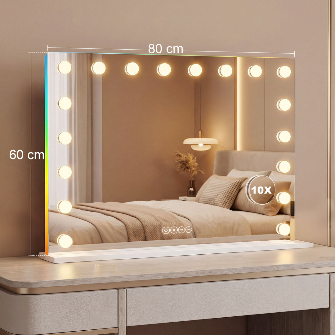 Hollywood makeupspejl med 18 dæmpbare LED-lys, 3 farver, RGB-lys, Bluetooth-højttaler, 10x forstørrelse, hvid