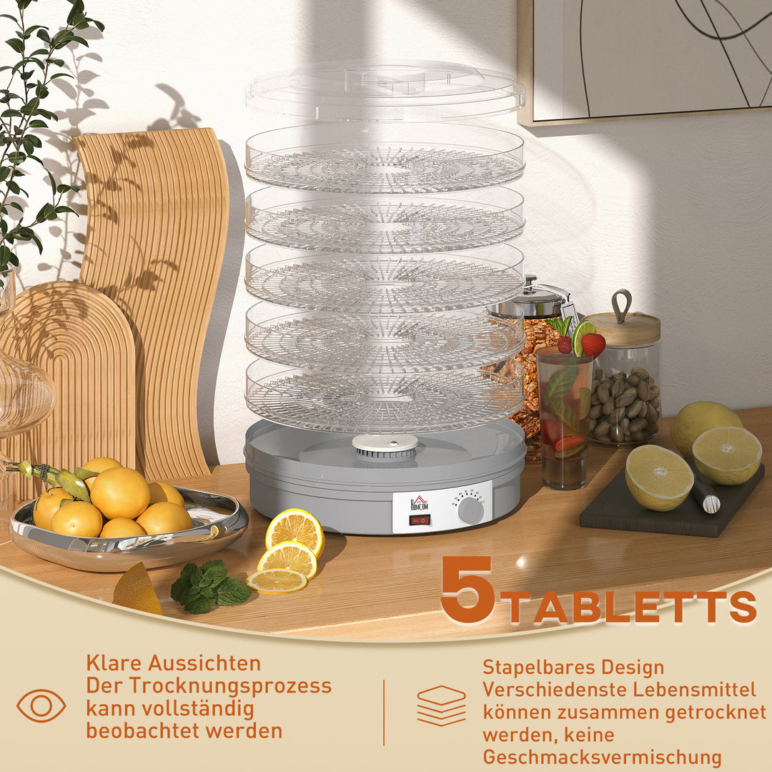 5-lags maddehydrator, 245W dehydrator med justerbar temperaturkontrol, grå