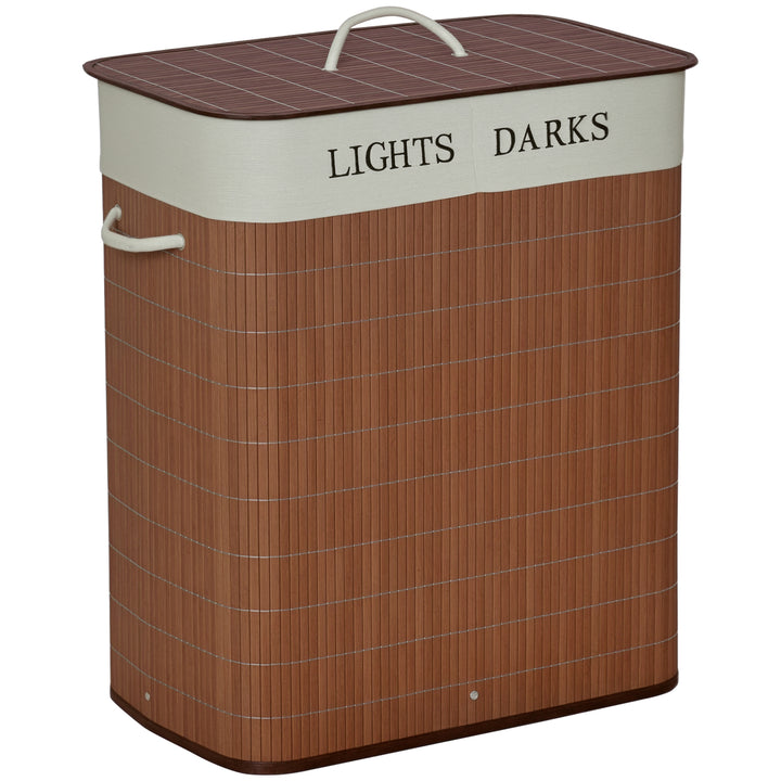 Bambus vasketøjskurv, smal med låg, 100l, 2 aftagelige vasketøjsposer, brun