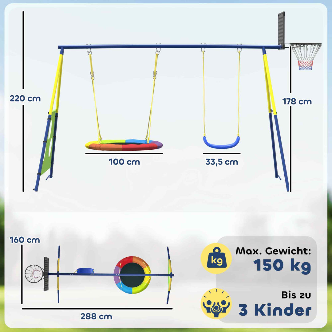 4-i-1 gyngesæt op til 150 kg med redegynge, basketballkurv, fodboldmål, U-gynge, 288 x 160 x 220 cm