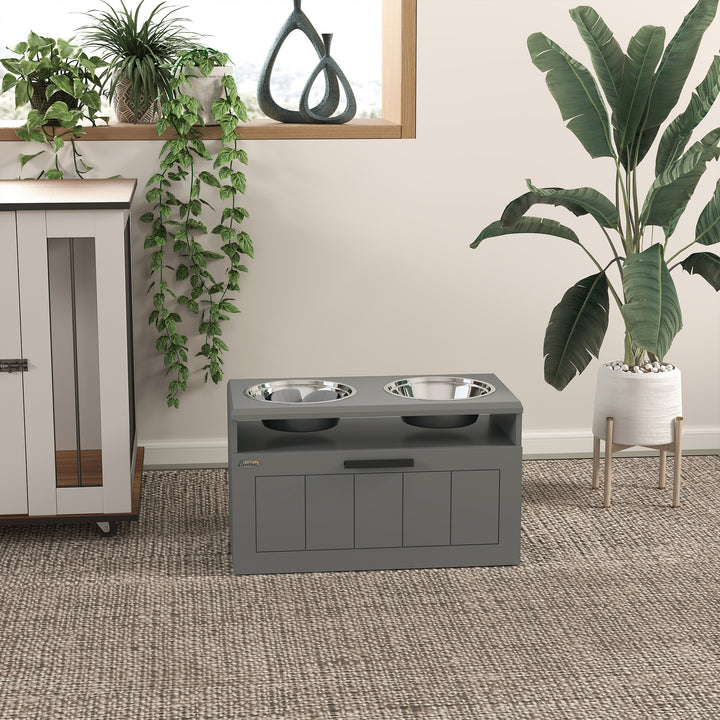 Stor hundefoderstation med 2 rustfri stålskåle og skuffe, foderdispenser til kæledyr, mdf, stål, grå