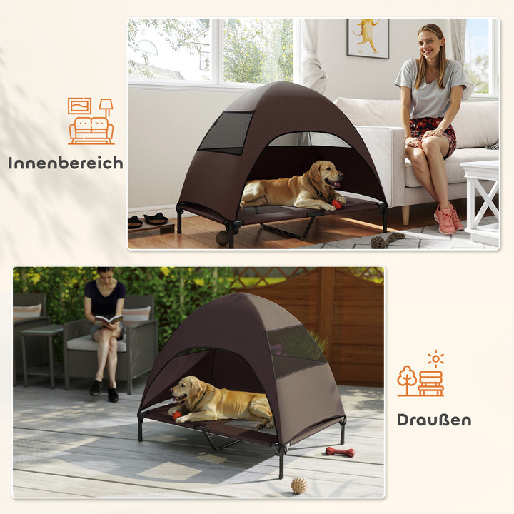 Udendørs hundeseng med tag, hævet hundeseng til store hunde, 106 x 76 x 99 cm, kaffe