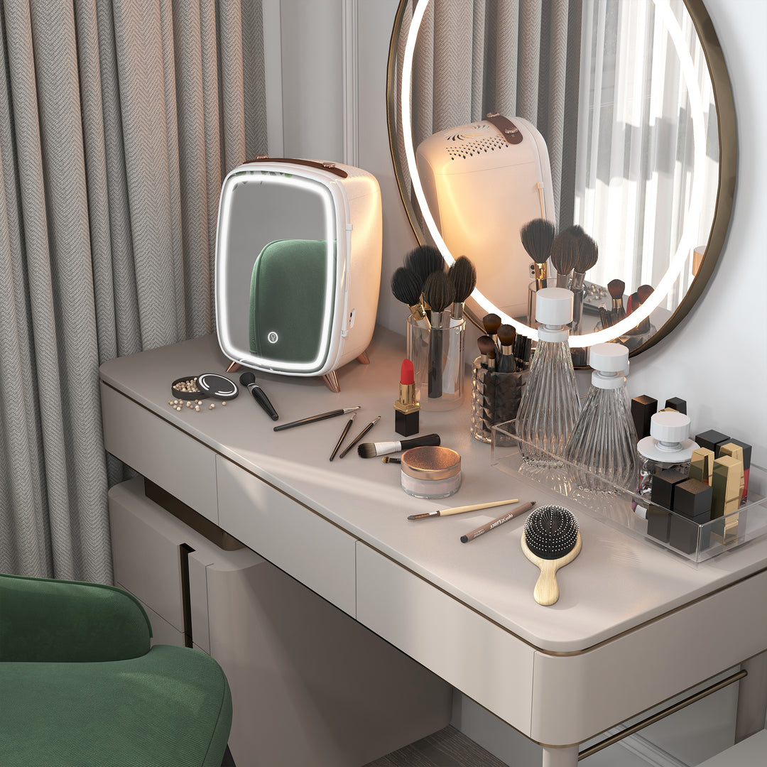 Minikøleskab til kosmetik, drikkevarer og snacks, bærbart, med oplyst spejl, stille drift, 6l, hvid