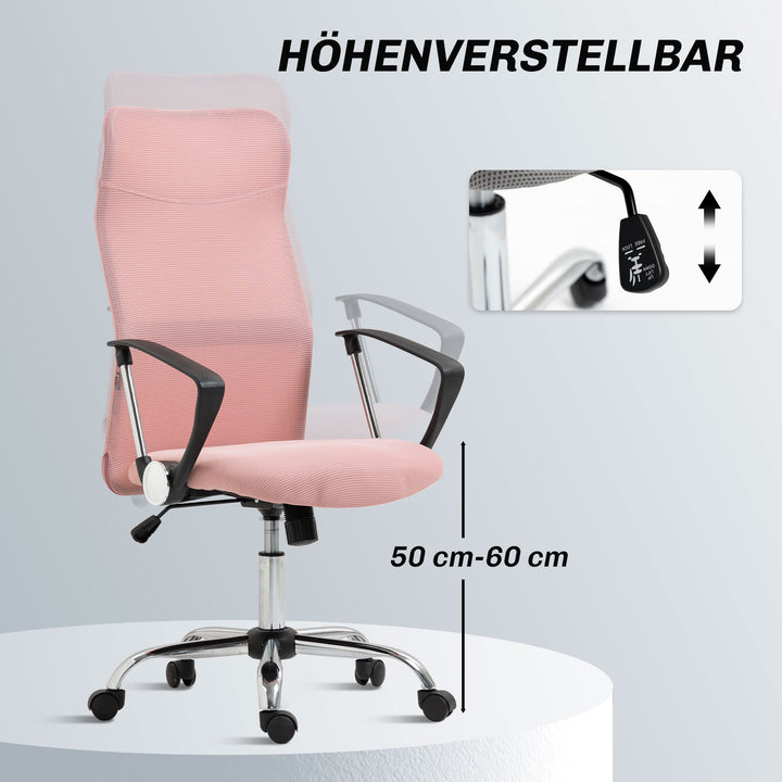 Ergonomisk kontorstol, højdejusterbar drejestol med vippefunktion, netpolstring, 63 x 65 x 109-119 cm, lyserød
