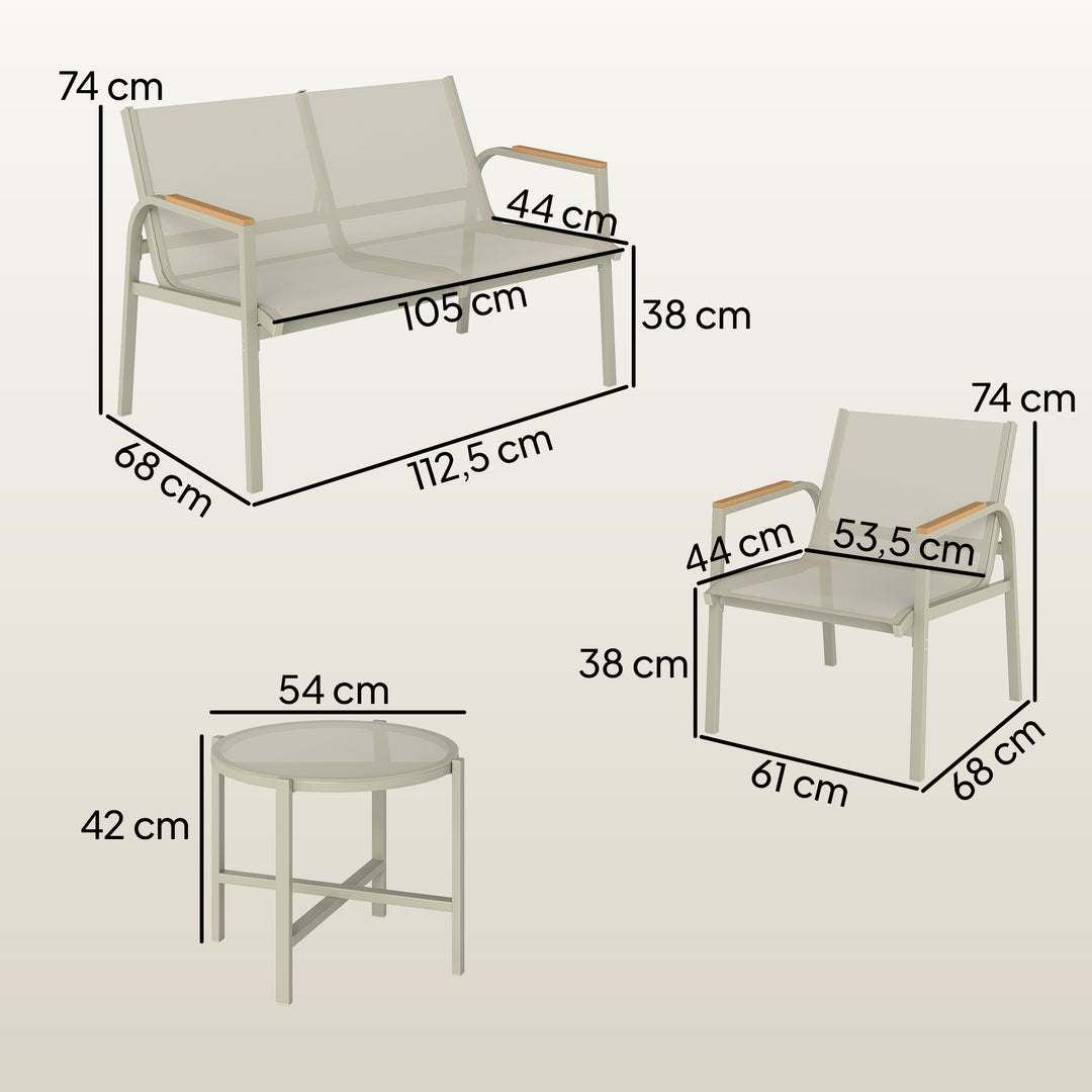 Vejrbestandigt havemøbelsæt i metal, siddegruppe til 4 personer, havelounge med 2-personers sofa, 2 lænestole, sidebord, grøn