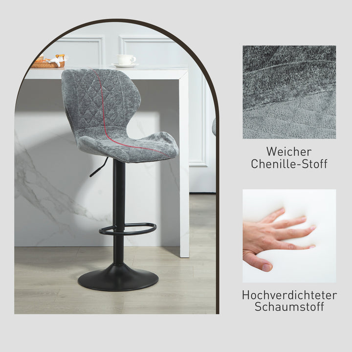 Barstole sæt med 2, højdejusterbare køkkenstole med ryglæn, gasløft, fodstøtte, drejefunktion, grå