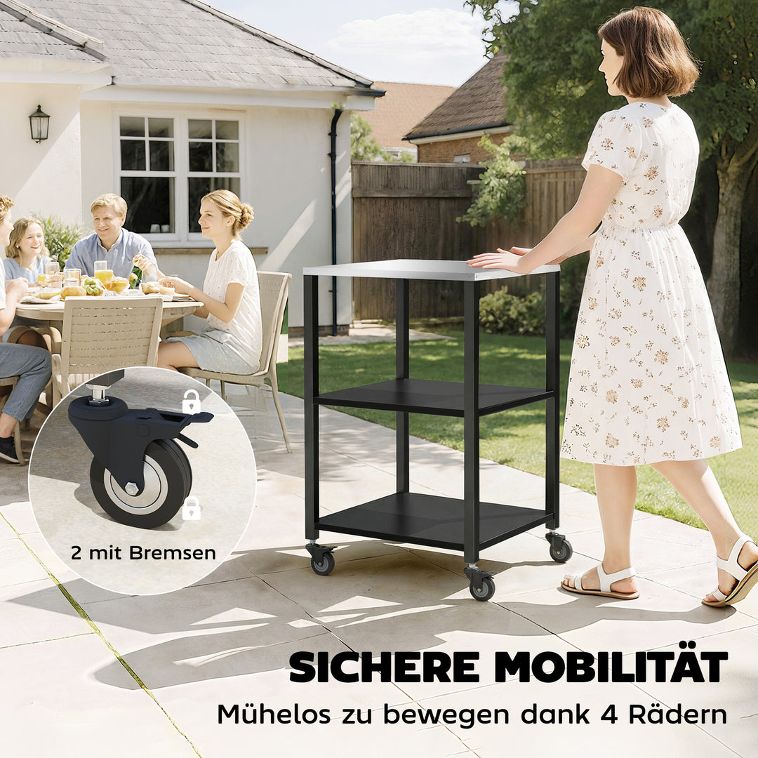 Grillvogn, 3-lags grillbord med arbejdsflade i rustfrit stål, hjul, mobil serveringsvogn, 50 x 50 x 90 cm, sort