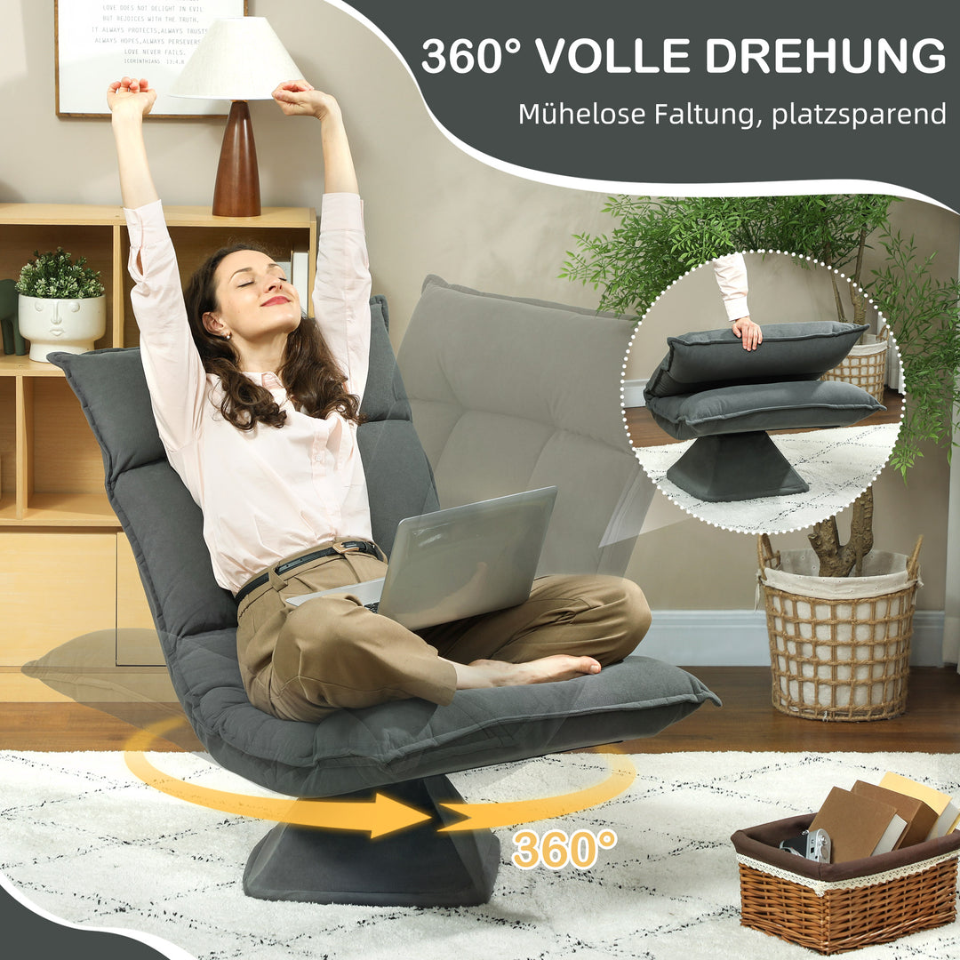 Gulvstol med 5-vejs justerbar ryglæn, drejelig, moderne polstret stol, mørkegrå