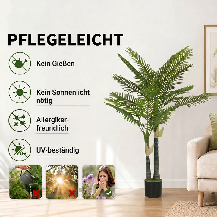 Kunstig palme 150 cm, kunstig palme med 16 palmeblade, stor kunstig plante i potte til stue, balkondekoration, grøn