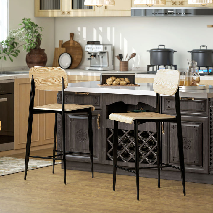 Sæt med 2 barstole, barstole med ryglæn og metalstel, træ, lysebrun