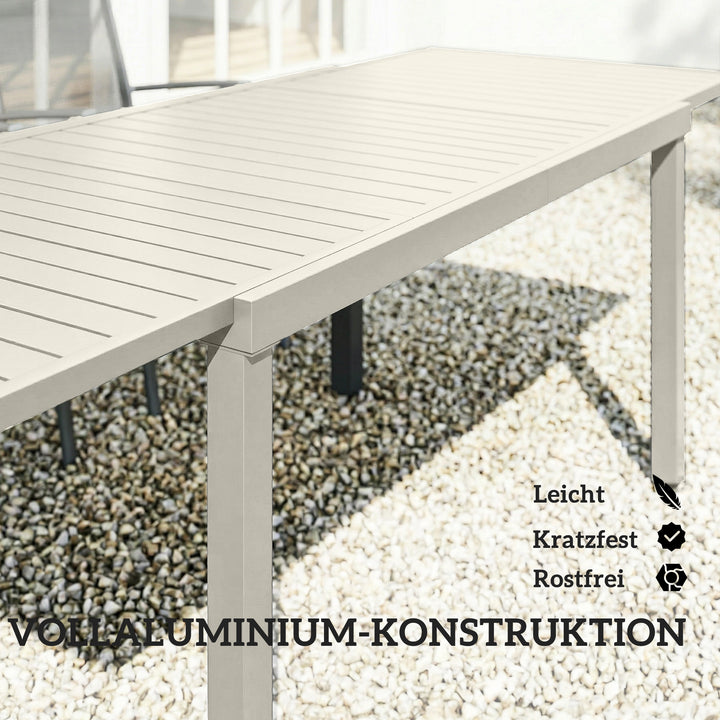 Udtrækkeligt havebord 150/225 x 85 cm, aluminiums spisebord til 6-8 personer, rektangulært, til haven, lameldesign