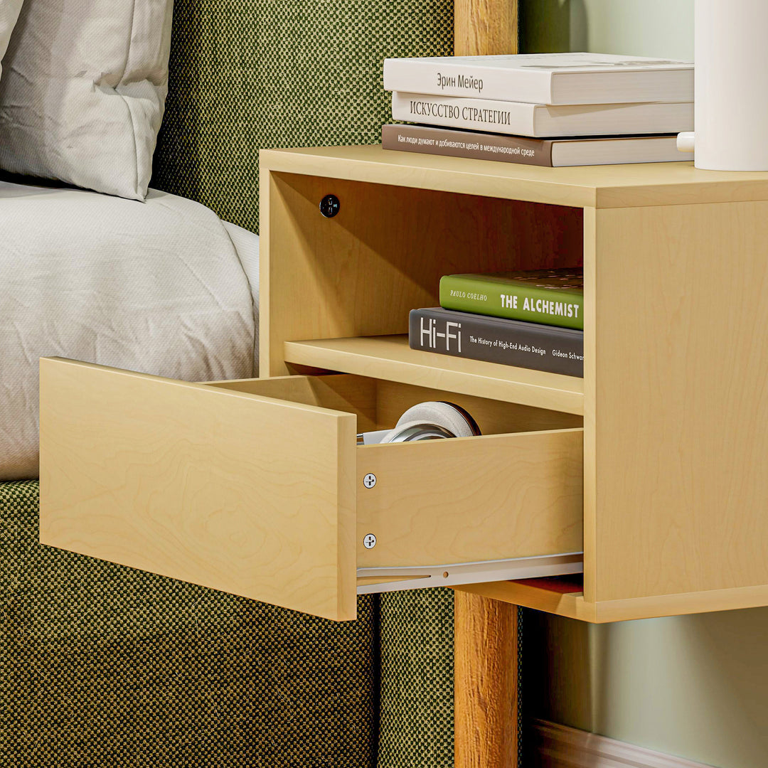 2-Delt vægmonteret natbordssæt, sengebord, natbord, spånplade, naturlig, 45 x 35 x 27,5 cm