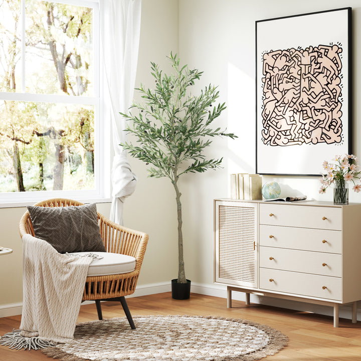 Kunstigt oliventræ, 180 cm, 900 blade, 40 oliven, robust urtepotte, dekorativ plante, grøn