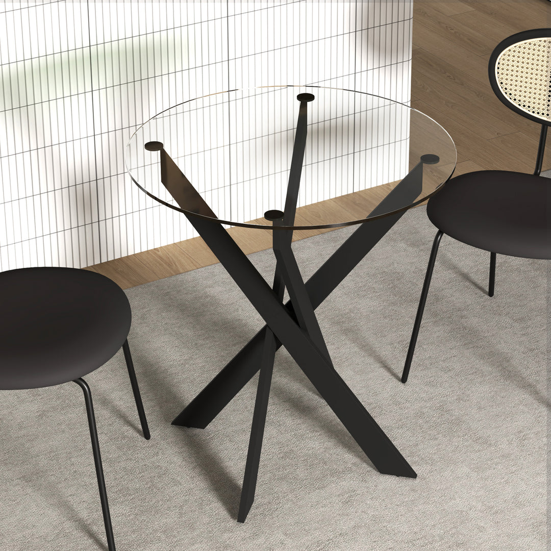 Moderne glas spisebord, 70 cm diameter, køkkenbord med hærdet glasplade og metalben, til 4 personer