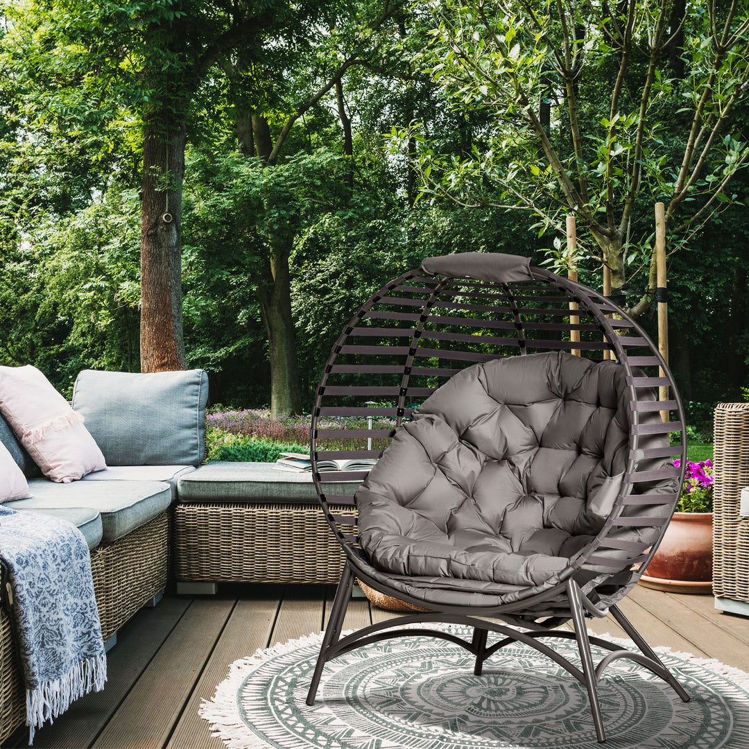 Papasan stol, havestol, 2-delt kurvestol med hynde, oval loungestol, foldbar, til altan, terrasse, udendørs/indendørs brug, sandbrun, stål, 118 x 75 x 139 cm