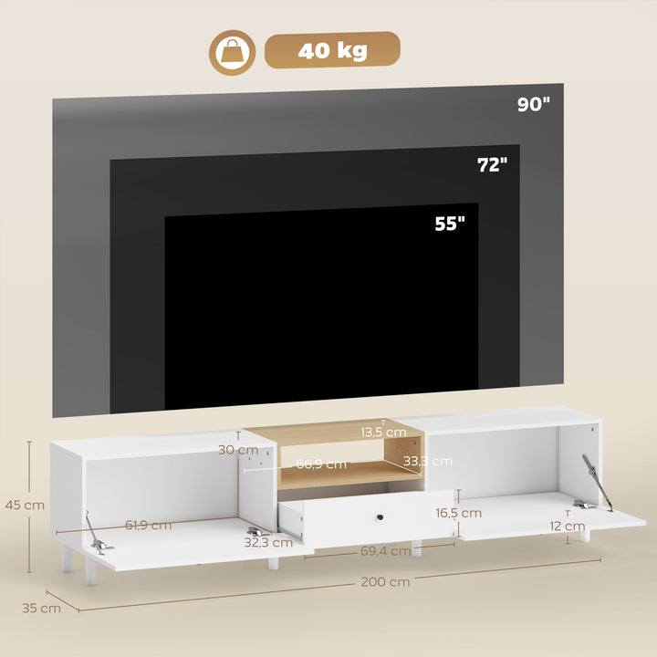 200 cm TV-skab til fjernsyn op til 90 tommer, 2 klaprum, åbent rum, skuffe, 8 ben, spånplade, hvid