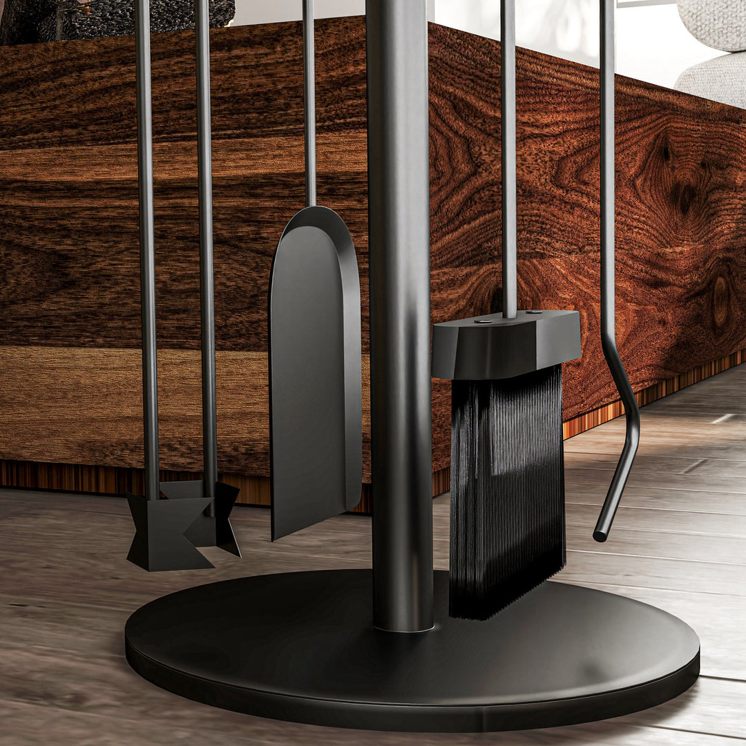 5-Delt pejsværktøjssæt, kost, skovl, tang, ildrager og stativ, brandsikkert metal, sort