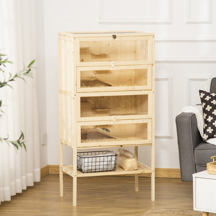 Hamsterbur i træ, 5 niveauer, gnaverbur, bur til små dyr med trådnettag og ramper, stort træbur, musebur, bur til hamstere og dværghamstere, 60 x 40 x 120 cm, naturtræ