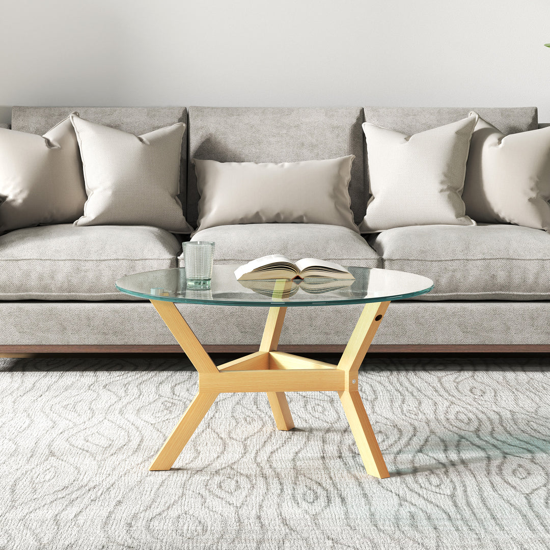 Rundt sidebord i hærdet glas med justerbare fodpuder og stålramme til stue, soveværelse