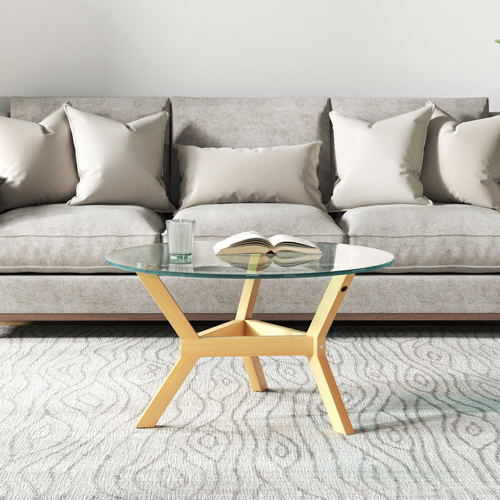 Rundt sidebord i hærdet glas med justerbare fodpuder og stålramme til stue, soveværelse