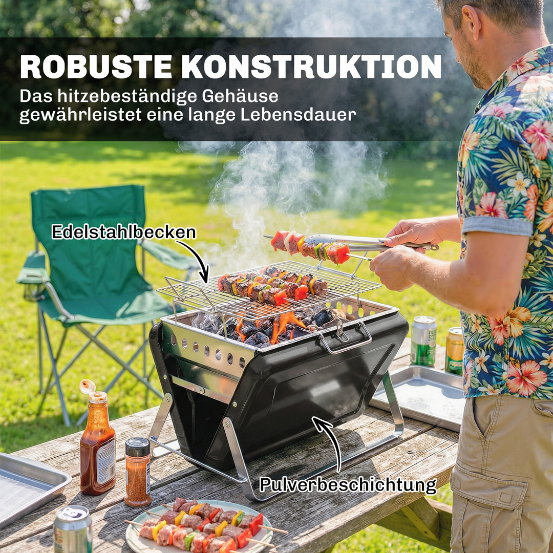 Rustfrit stål kulgrill BBQ-ryger med grillrist, håndtag og sammenklappelige ben til grill og camping, 40x28x25,5 cm, sort