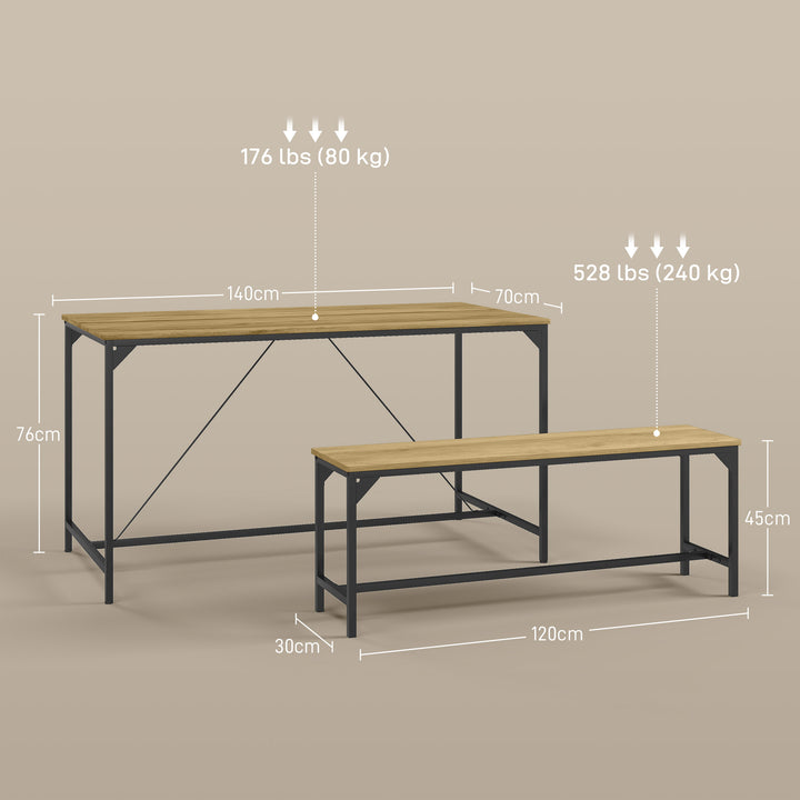 Spisesæt, bord og 2 bænke, industrielt design, stålstel, trædekor/sort