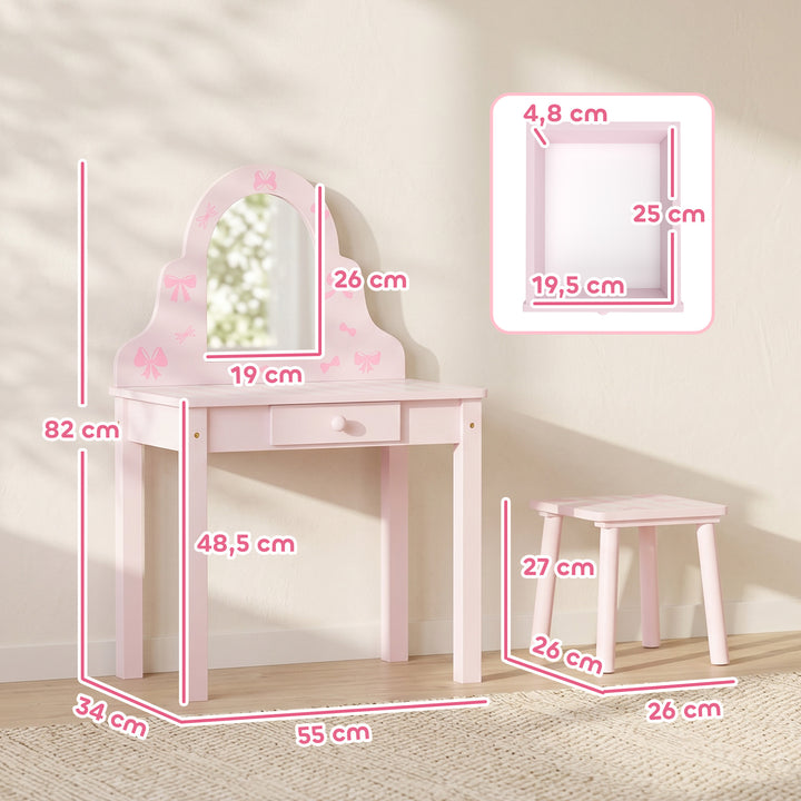 Børne 2-i-1 toiletbordsæt med skammel til piger i alderen 3-6 år, pink