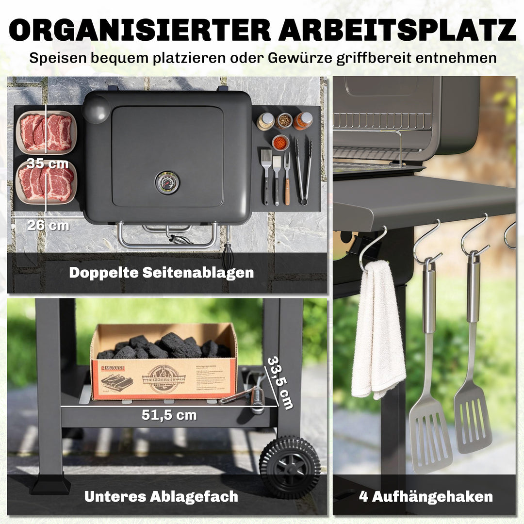 Kulgrill BBQ-ryger med låg, termometer, højdejusterbar kulpande, skorsten, grillrist, sidebord, askeskuffe