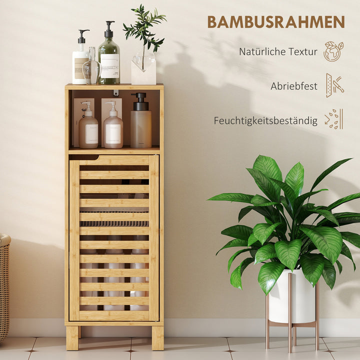 Badeværelsesskab, åben hylde, skab, bambustræ, lameldør, lysebrun