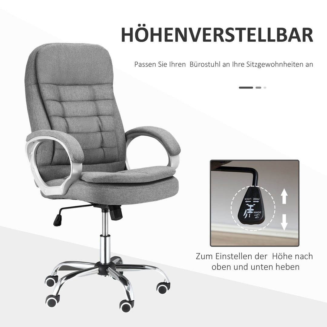 Kontorstol, arbejdsstol, skrivebordsstol, drejestol, 360° ergonomisk gyngefunktion, højdejusterbar, grå linned, 64 x 75 x 111-121 cm