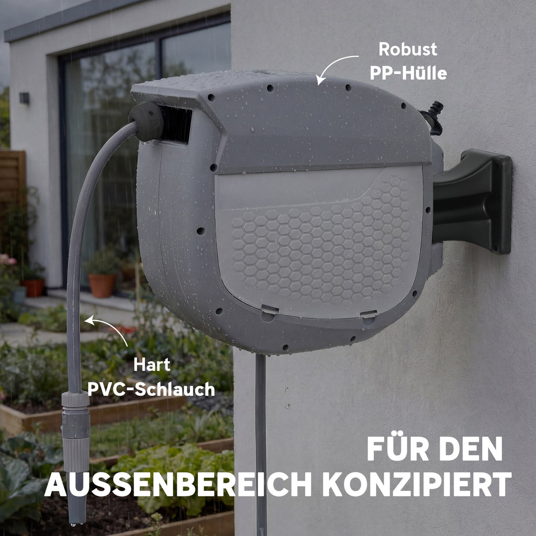 Slangeopruller med 20 m haveslange, 180° drejelig slangeboks med automatisk oprulning og selvlåsende mekanisme.