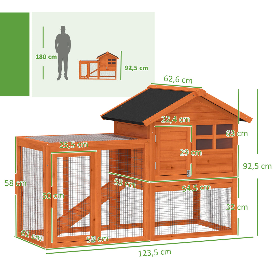 2-etagers kaninbur med vandtæt bitumentag, løbegård, rampe og døre, lavet af træ, 123,5 x 62,6 x 92,5 cm, orange