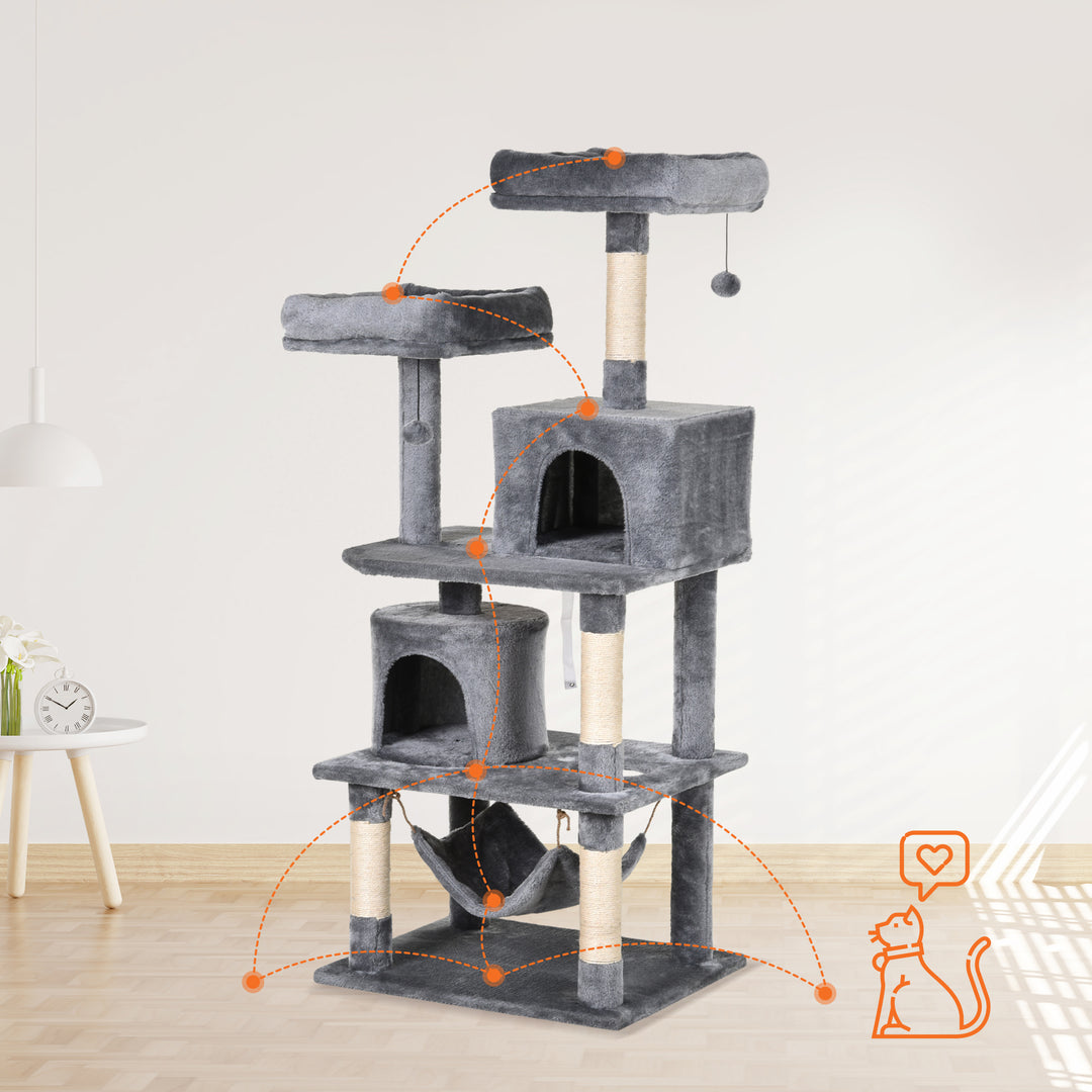 Kradsetræ til katte stor 145 cm, kradsetræ med hængekøje, klatretræ til katte, kradsetræ til kattehulemøbler med sisalstolper, lysegrå