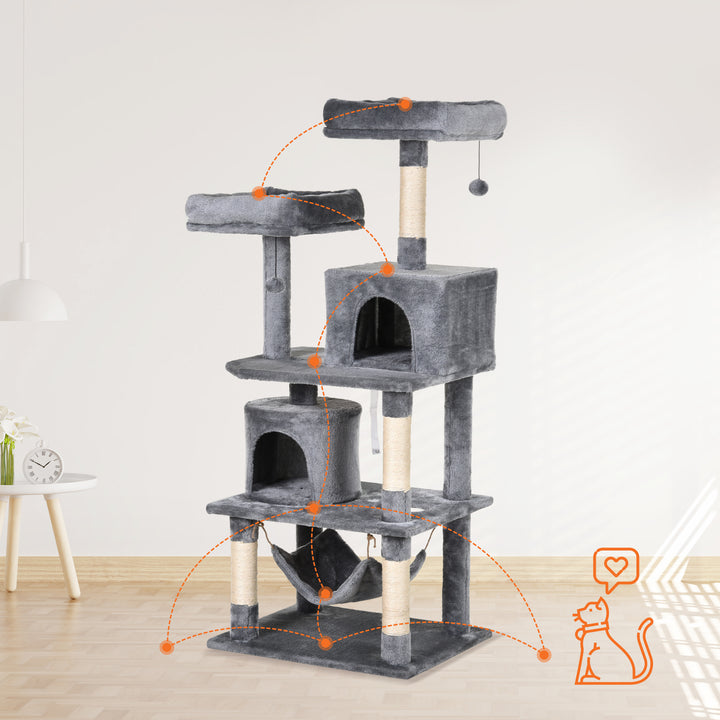 Kradsetræ til katte stor 145 cm, kradsetræ med hængekøje, klatretræ til katte, kradsetræ til kattehulemøbler med sisalstolper, lysegrå