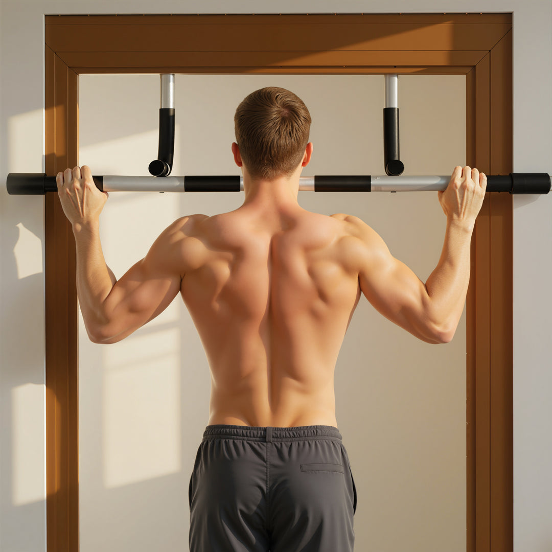 Pull-up bar, træningsbeslag, multifunktionel døråbnings pull-up bar, stål, skum, 92 x 40 x 17 cm, sort+grå