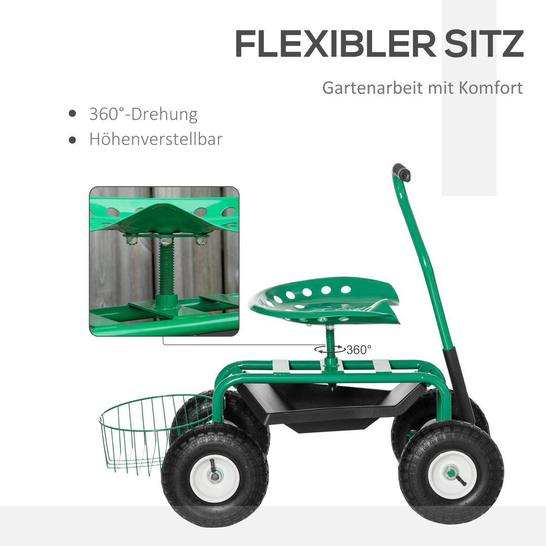 Havevogn med rullesæde (op til 150 kg) med opbevaringskurv til små haveredskaber, mobil værkstedsvogn, styrbart havesæde, sædehøjdejusterbar fra 46-59 cm, metal, gummi, grøn