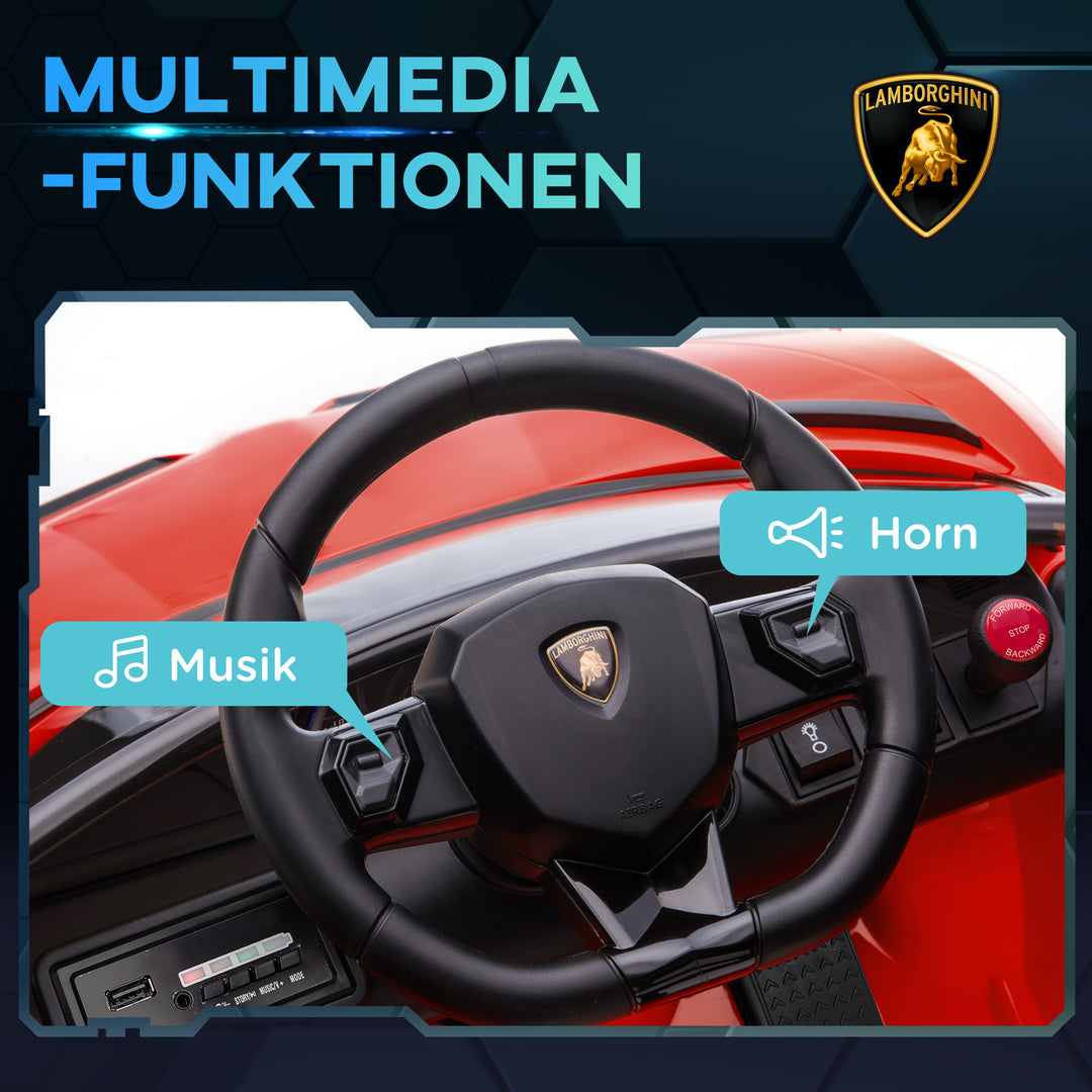 Elektrisk børnebil, Lamborghini Aventador med licens, mågevingedøre, musik, horn, til 3-5 år, rød