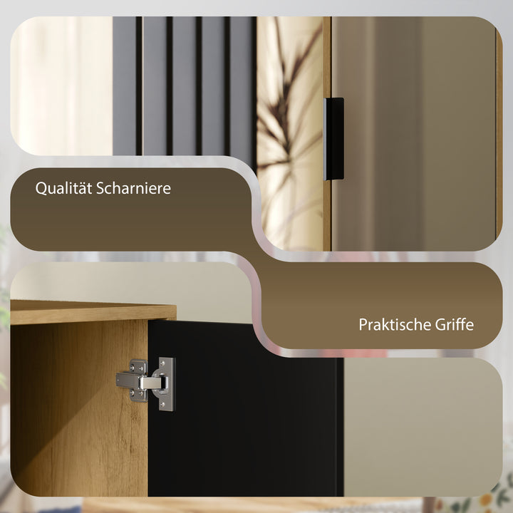 Garderobe med spejl og bøjlestang, opbevaringsrum, åbne hylder, naturtræ, sort