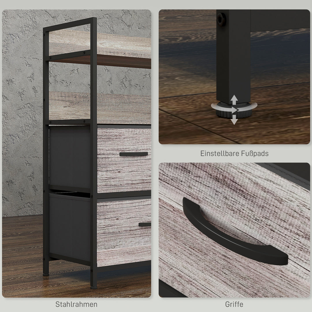 Stofkommode, 5 foldbare skuffer, 2 hylder, stålramme, 98 x 29 x 85 cm, grå