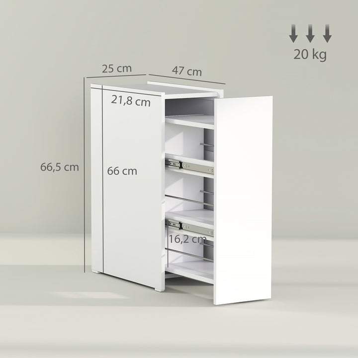 Slim badeværelsesskab, gulvskab med dyb skuffe, fritstående badeværelsesskab, spånplade, hvid