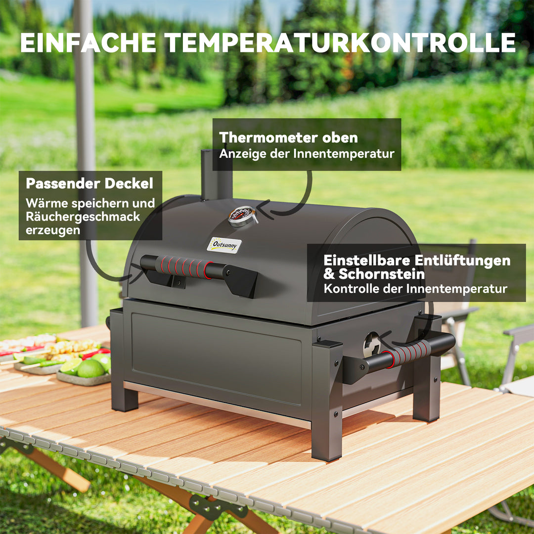 Kulgrill med låg, varmehylde, askeskuffe, termometer, rustfrit stål, 67 x 53 x 55 cm, sort/rød