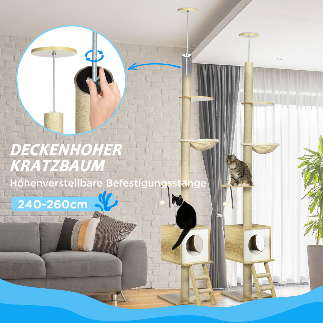 Kradsetræ, lofthøjt, kattehus, to platforme, hængekøje, anti-tip, lysebrun + beige, 40 x 40 x 260 cm