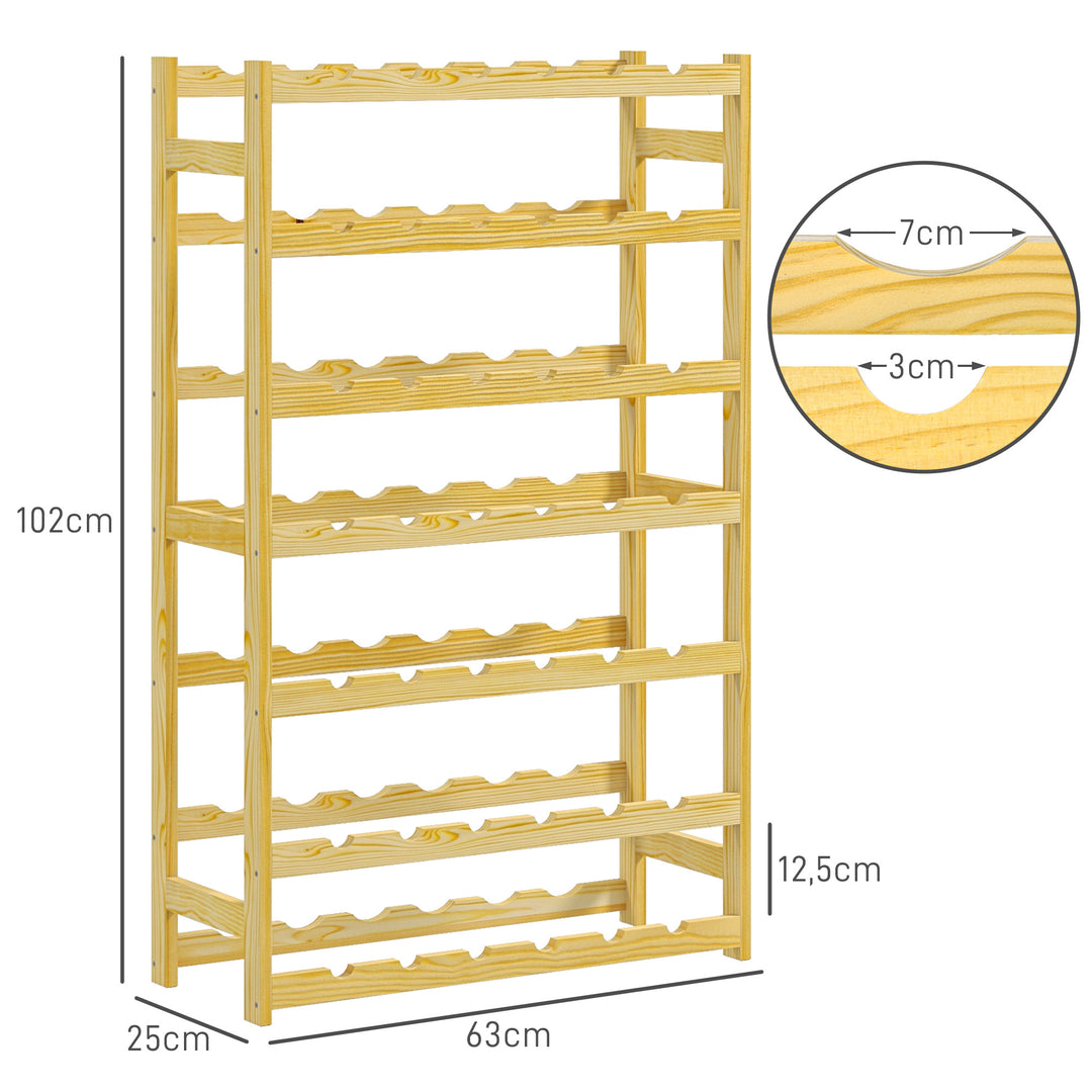 Vinreol, 7 hylder, til 42 flasker, anti-tip, fyrretræ, 63x25x102cm, natur