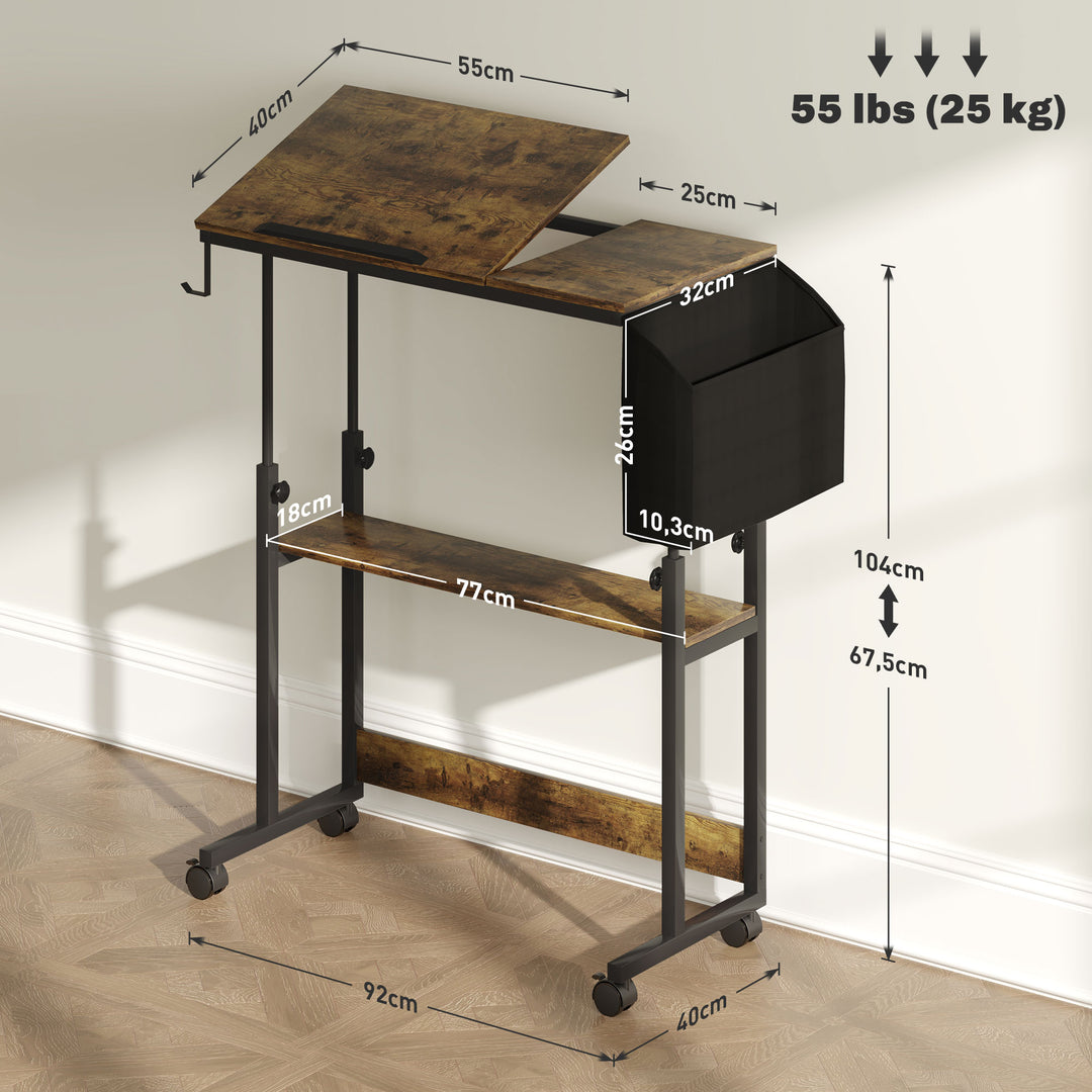 Højdejusterbart hævebord med vipbar bordplade, hjul, opbevaringshylde, til skrivning, læsning, tegning, brun