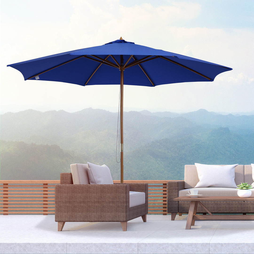 Parasol/Haveparasol, vejrbestandig, bambus, 300 cm x 300 cm x 250 cm, blå + natur