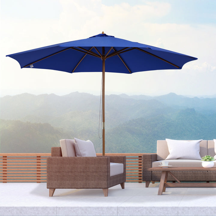 Parasol/Haveparasol, vejrbestandig, bambus, 300 cm x 300 cm x 250 cm, blå + natur