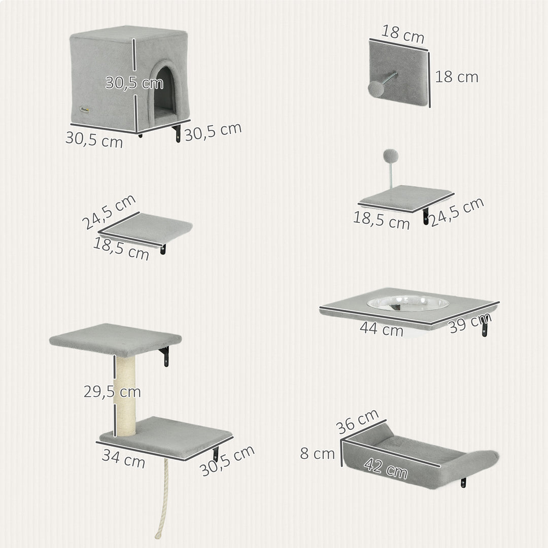 Klatrevæg katte 7-delt klatrevægsæt til katte med kattehus, platform, platform grå