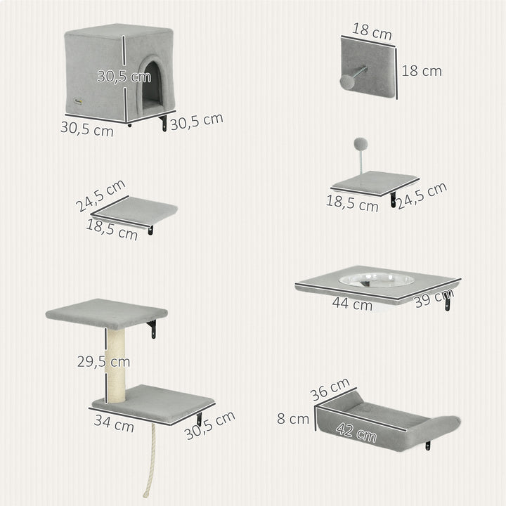 Klatrevæg katte 7-delt klatrevægsæt til katte med kattehus, platform, platform grå