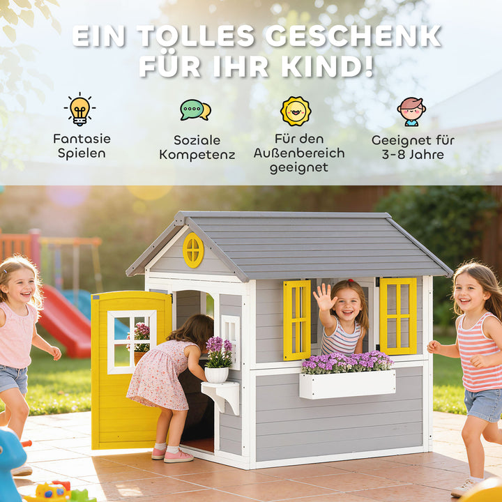 Vejrbestandigt trælegehus til børn, med dør, 6 vinduer, 2 blomsterkasser og 2 blomsterstandere, til alderen 3-8, grå