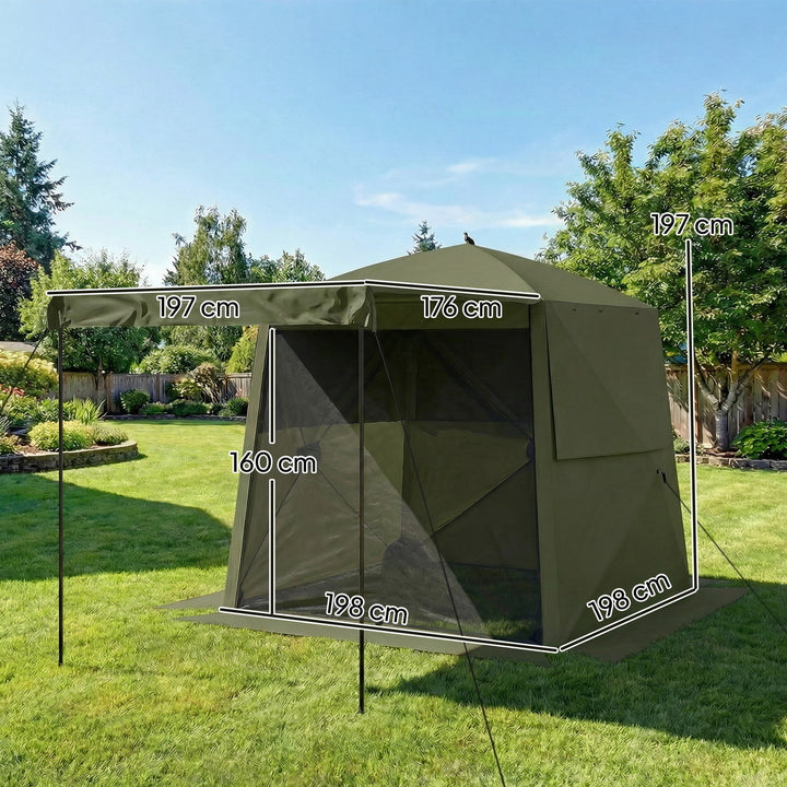 2x2m vandtæt, stabil, vintersikker pop-up foldbar pavillon med 4 sidepaneler, netvinduer, hoveddør, UV 30+